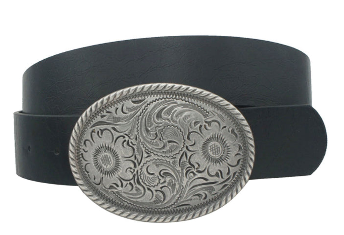Vintage Floral Embossed Oval Buckle Belt