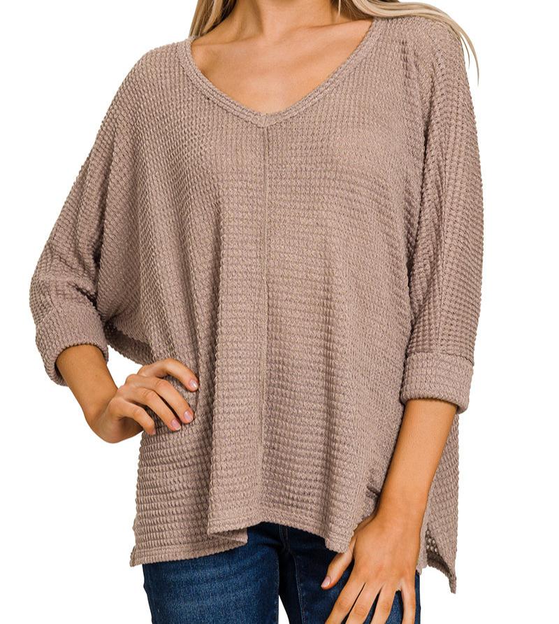 3/4 Sleeve V-Neck Jacquard Top