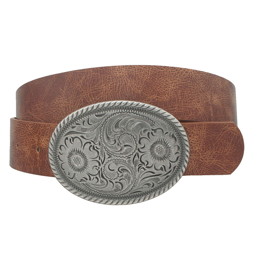 Vintage Floral Embossed Oval Buckle Belt