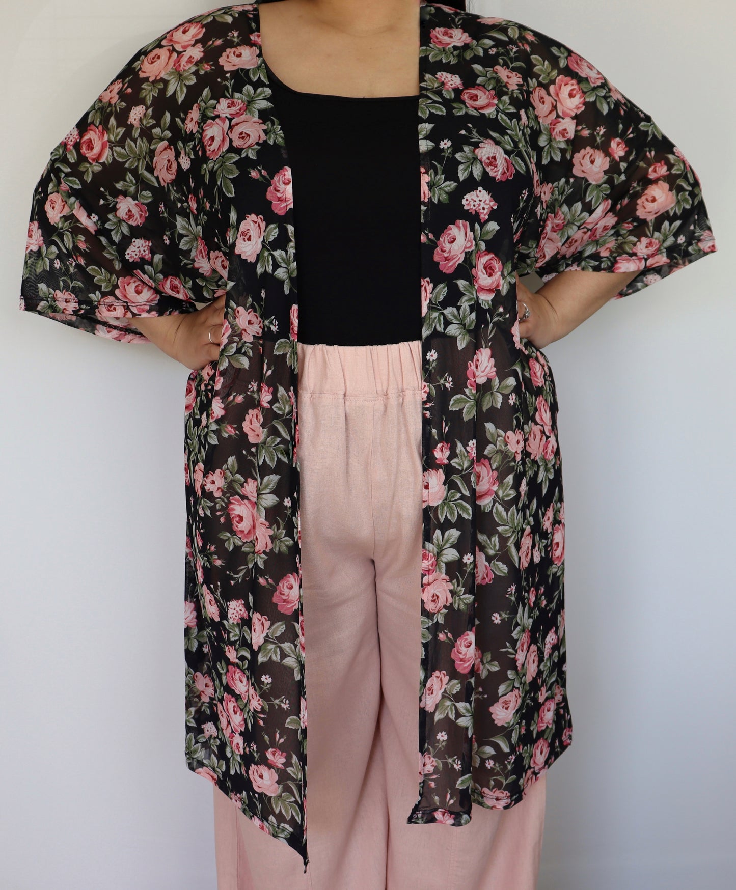 Plus Size Mesh Floral Print Kimono