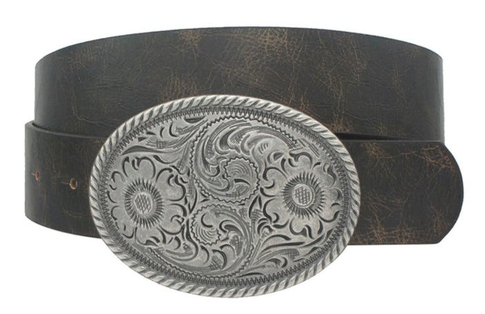 Vintage Floral Embossed Oval Buckle Belt