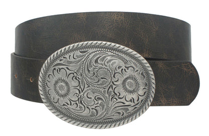 Vintage Floral Embossed Oval Buckle Belt