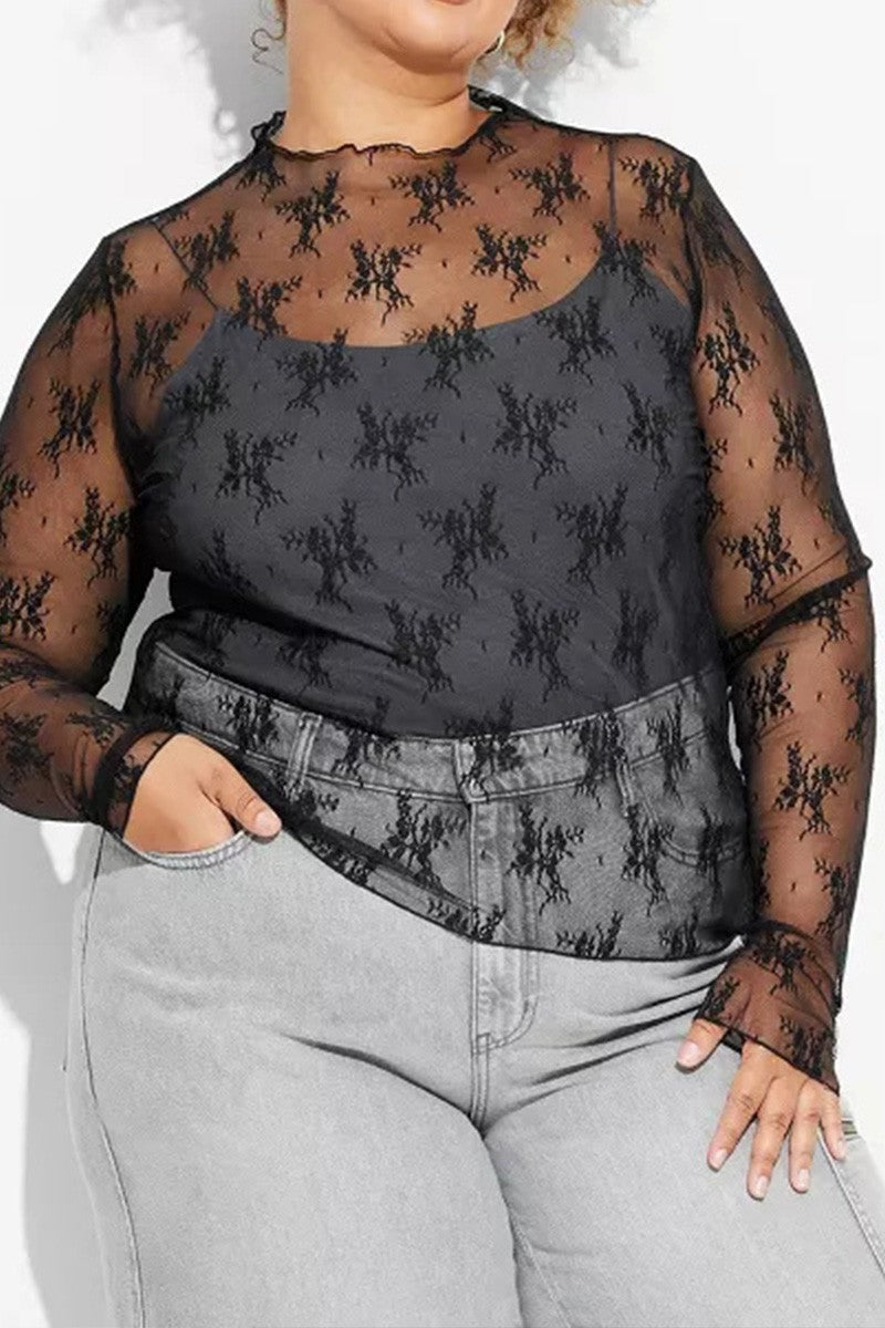 Sheer Lace Mock Neck Long Sleeve