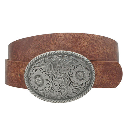 Vintage Floral Embossed Oval Buckle Belt