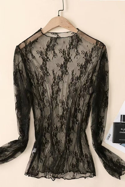 Sheer Lace Mock Neck Long Sleeve