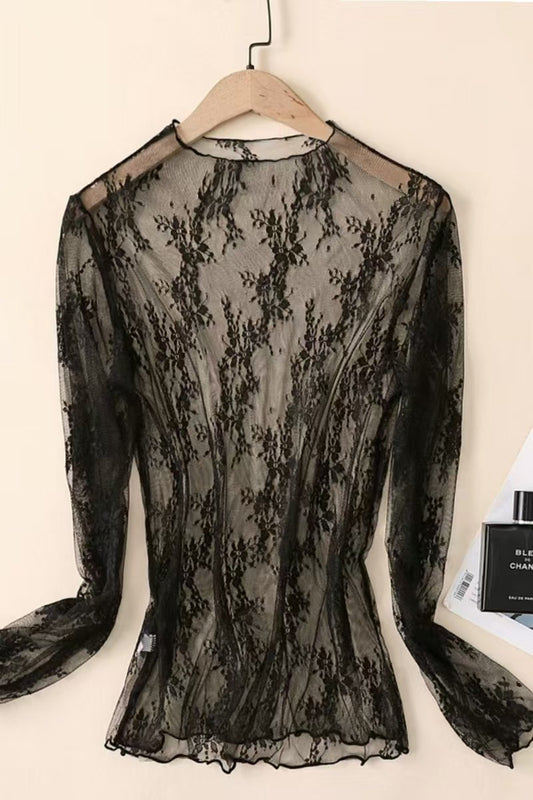 Sheer Lace Mock Neck Long Sleeve